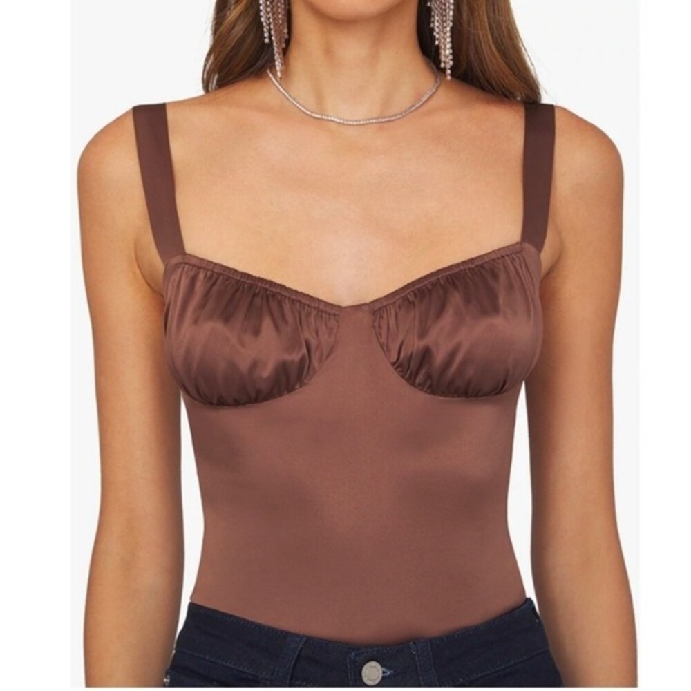 WeWoreWhat Ruched Cup Bodysuit Size 2 Brown Satin‎ Night Out Trendy Sexy